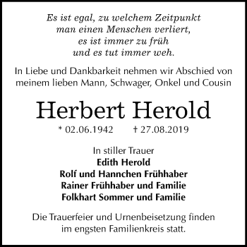 Traueranzeige von Herbert Herold von Super Sonntag Wittenberg
