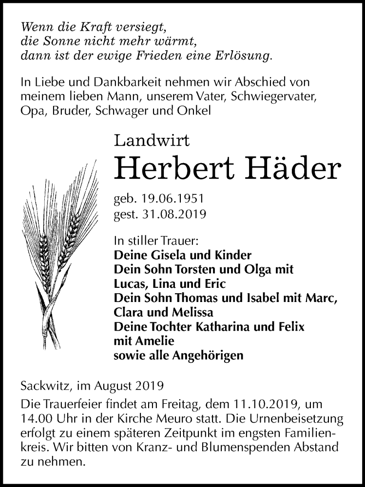  Traueranzeige für Herbert Häder vom 14.09.2019 aus Super Sonntag Wittenberg