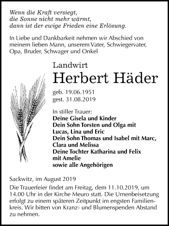 Traueranzeige von Herbert Häder von Super Sonntag Wittenberg
