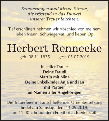 Traueranzeige von Herbert Rennecke von Wochenspiegel Quedlinburg