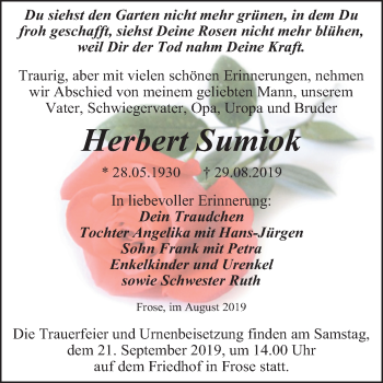 Traueranzeige von Herbert Sumiok von Super Sonntag Aschersleben