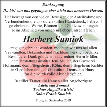 Traueranzeige von Herbert Sumiok von Super Sonntag Aschersleben