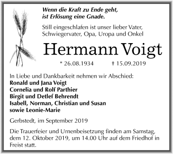 Traueranzeige von Hermann Voigt von Mitteldeutsche Zeitung Mansfelder Land