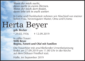 Traueranzeige von Herta Beyer von Mitteldeutsche Zeitung Halle/Saalkreis
