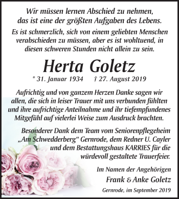 Traueranzeige von Herta Goletz von Mitteldeutsche Zeitung Quedlinburg