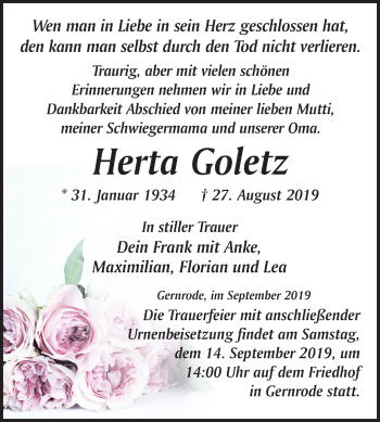 Traueranzeige von Herta Goletz von Mitteldeutsche Zeitung Quedlinburg