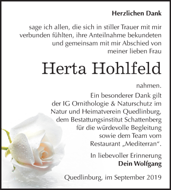 Traueranzeige von Herta Hohlfeld von Mitteldeutsche Zeitung Quedlinburg
