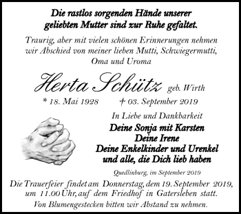Traueranzeige von Herta Schütz von Super Sonntag Aschersleben / Quedlinburg