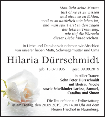 Traueranzeige von Hilaria Dürrschmidt von Mitteldeutsche Zeitung Naumburg/Nebra
