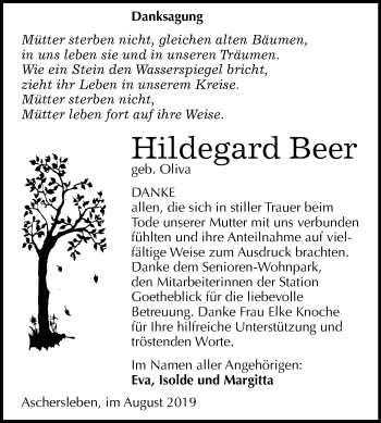 Traueranzeige von Hildegard Beer von Wochenspiegel Aschersleben