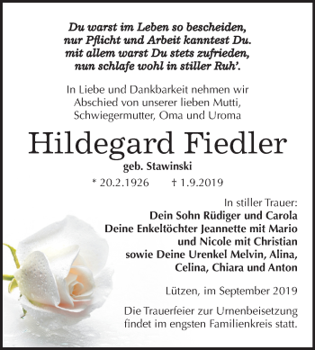 Traueranzeige von Hildegard Fiedler von Mitteldeutsche Zeitung Weißenfels
