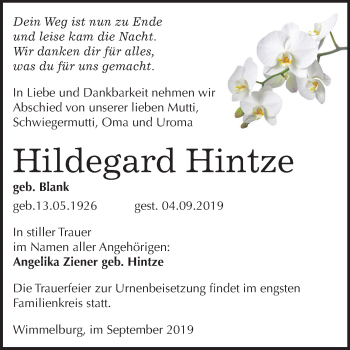 Traueranzeige von Hildegard Hintze von Mitteldeutsche Zeitung Mansfelder Land