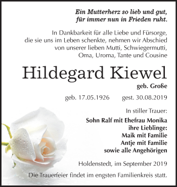 Traueranzeige von Hildegard Kiewel von Mitteldeutsche Zeitung Mansfelder Land