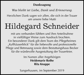 Traueranzeige von Hildegard Schneider von Super Sonntag Sangerhausen