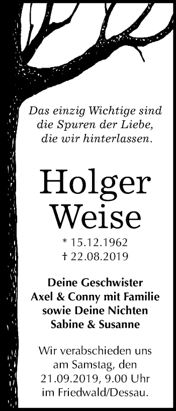 Traueranzeige von Holger Weise von Mitteldeutsche Zeitung Dessau-Roßlau