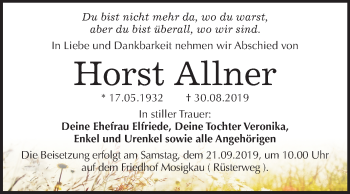 Traueranzeige von Horst Allner von Super Sonntag Dessau-Roßlau