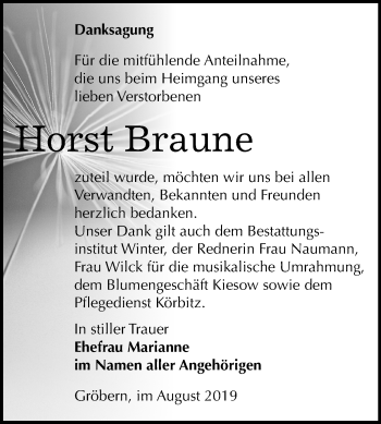 Traueranzeige von Horst Braune von Wochenspiegel Bitterfeld