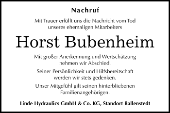 Traueranzeige von Horst Bubenheim von Wochenspiegel Quedlinburg