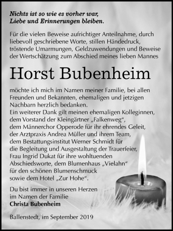 Traueranzeige von Horst Bubenheim von Mitteldeutsche Zeitung Quedlinburg