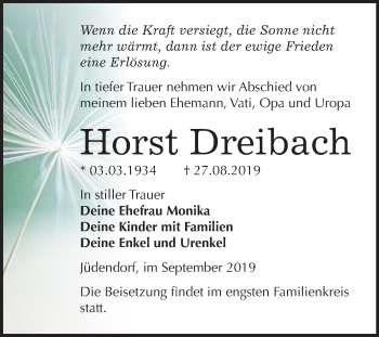 Traueranzeige von Horst Dreibach von Super Sonntag Merseburg/Querfurt