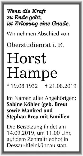 Traueranzeige von Horst Hampe von Mitteldeutsche Zeitung Dessau-Roßlau