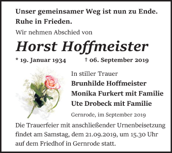 Traueranzeige von Horst Hoffmeister von Super Sonntag Quedlinburg