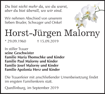 Traueranzeige von Horst-Jürgen Malorny von Mitteldeutsche Zeitung Quedlinburg