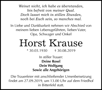 Traueranzeige von Horst Krause von Mitteldeutsche Zeitung Bitterfeld