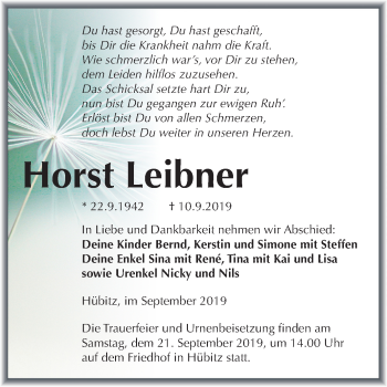Traueranzeige von Horst Leibner von Wochenspiegel Mansfelder Land