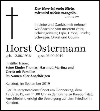Traueranzeige von Horst Ostermann von Wochenspiegel Naumburg/Nebra