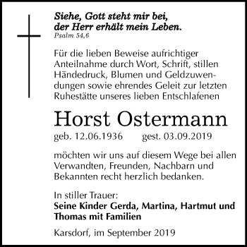 Traueranzeige von Horst Ostermann von Wochenspiegel Naumburg/Nebra