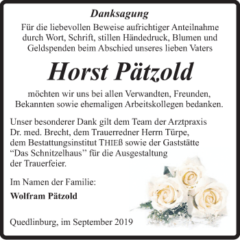 Traueranzeige von Horst Pätzold von Super Sonntag Quedlinburg