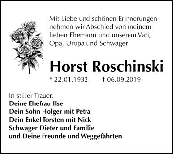 Traueranzeige von Horst Roschinski von Super Sonntag Dessau-Roßlau