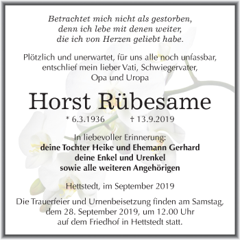 Traueranzeige von Horst Rübesame von Mitteldeutsche Zeitung Mansfelder Land