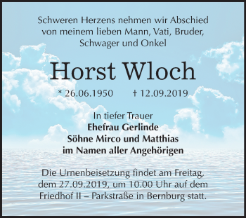 Traueranzeige von Horst Wloch von Super Sonntag Bernburg