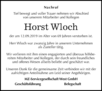 Traueranzeige von Horst Wloch von Wochenspiegel Bernburg