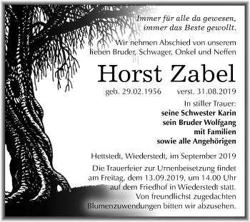 Traueranzeige von Horst Zabel von Mitteldeutsche Zeitung Mansfelder Land