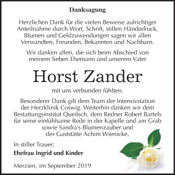 Traueranzeige von Horst Zander von Mitteldeutsche Zeitung Köthen