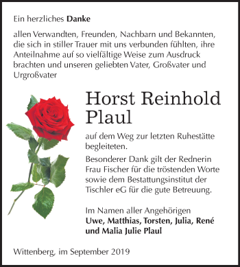 Traueranzeige von Horst Reinhold Plaul von Mitteldeutsche Zeitung Wittenberg
