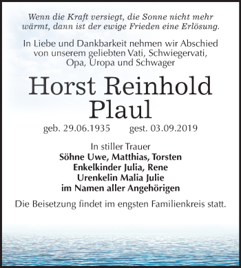 Traueranzeige von Horst Reinhold Plaul von Mitteldeutsche Zeitung Wittenberg