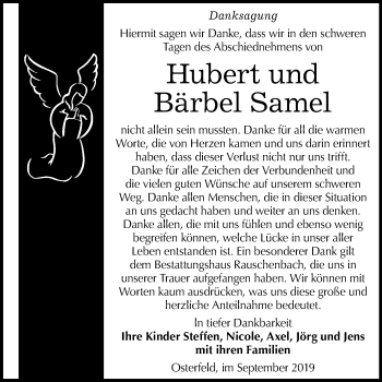Traueranzeige von Hubert und Bärbel Samel von Mitteldeutsche Zeitung Zeitz