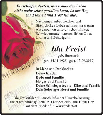 Traueranzeige von Ida Freist von Super Sonntag Quedlinburg