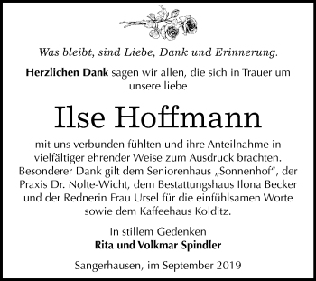 Traueranzeige von Ilse Hoffmann von Super Sonntag Sangerhausen