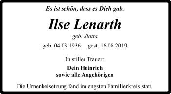 Traueranzeige von Ilse Lenarth von Mitteldeutsche Zeitung Quedlinburg