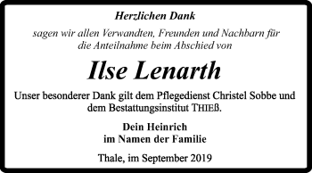 Traueranzeige von Ilse Lenarth von Mitteldeutsche Zeitung Quedlinburg