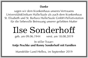 Traueranzeige von Ilse Sonderhoff von Mitteldeutsche Zeitung Halle/Saalkreis