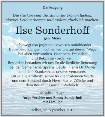 Traueranzeige von Ilse Sonderhoff von Mitteldeutsche Zeitung Mansfelder Land