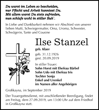 Traueranzeige von Ilse Stanzel von Mitteldeutsche Zeitung Merseburg/Querfurt