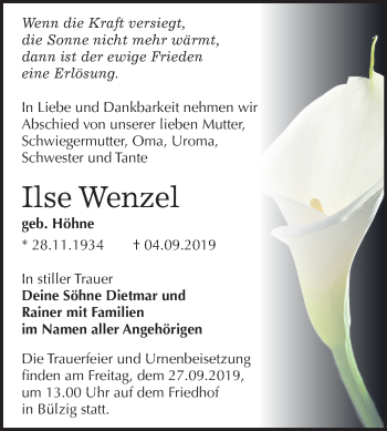 Traueranzeige von Ilse Wenzel von Mitteldeutsche Zeitung Wittenberg