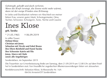 Traueranzeige von Ines Klose von Super Sonntag Mansfelder Land